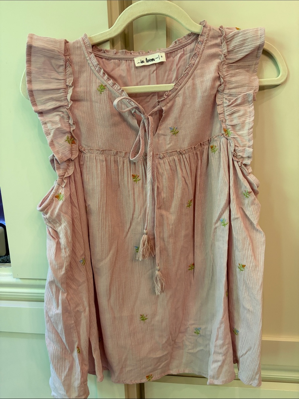 In Bloom Blush Lavender Embroidered Ruffle Tie-Front Blouse